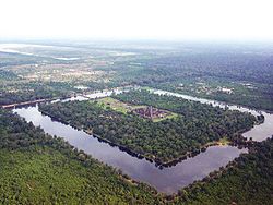 The religious complex of Angkor Wat was center of a civilization that depended for irrigation on a vast network of canals, embankments and reservoirs.